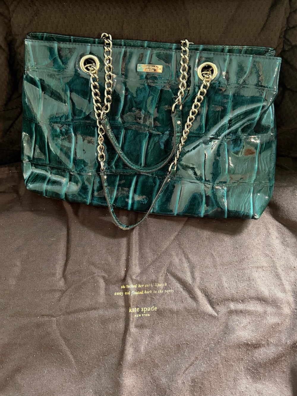 kate spade glossy crocodile-embossed teal patent leather chain tote